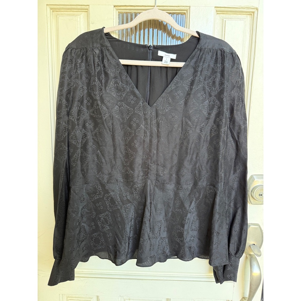 Lewit Womens Black Silk Blend Damask Jacquard V-Neck Peplum‎ Blouse Top Size 1/S